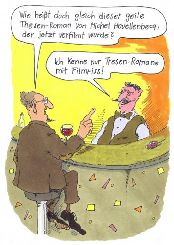 Cartoon: tresen-thesen (medium) by Andreas Prüstel tagged bar,film,literatur,houellenbecq,michel houellebecq,schriftsteller,literatur,lesen,buch,bücher,roman,bildung,wissen,tresen,bar,kneipe,alkohol,stammgast,gast,gäste,these,medien,medium,michel,houellebecq