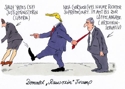 Cartoon: trump-justiz (medium) by Andreas Prüstel tagged usa,trump,justizministerin,yates,richter,supreme,court,gorsuch,cartoon,karikatur,andreas,pruestel,usa,trump,justizministerin,yates,richter,supreme,court,gorsuch,cartoon,karikatur,andreas,pruestel