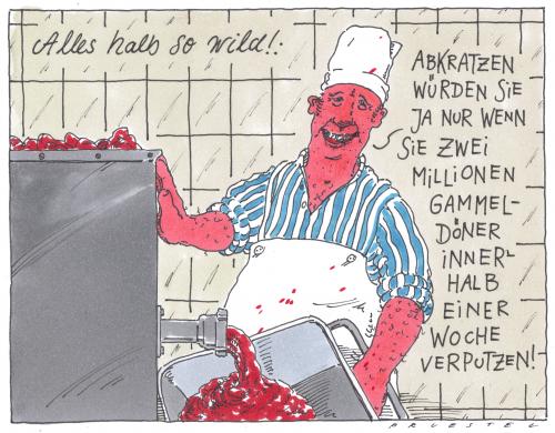 Cartoon: und immer wieder... (medium) by Andreas Prüstel tagged gammelfleisch,gammelfleisch,fleisch,handel,verkauf,verbraucher,verbraucherschutz,essen,nahrung,lebensmittel,ernährung,alt,gammelig,gesundheit,döner,kebab,imbiss,konsum,kriminalität,verbrechen