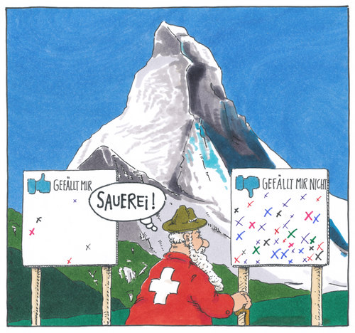 Cartoon: verstimmung am matterhorn (medium) by Andreas Prüstel tagged bewertungen,natur,matterhorn,schweizer,schweiz,schweiz,schweizer,matterhorn,natur,bewertungen,facebook