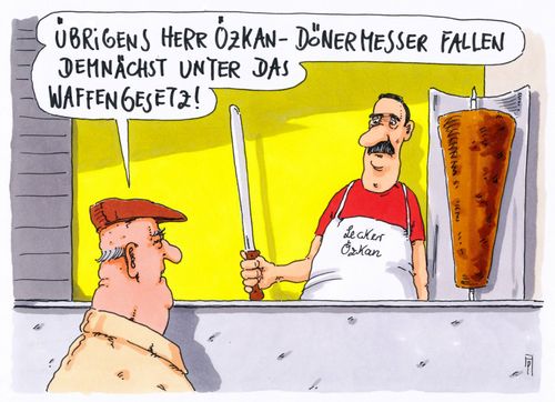 Cartoon: waffengesetze (medium) by Andreas Prüstel tagged reutlingen,mord,dönermesser,türken,döner,muslime,waffengesetze,cartoon,karikatur,andreas,pruestel,reutlingen,mord,dönermesser,türken,döner,muslime,waffengesetze,cartoon,karikatur,andreas,pruestel