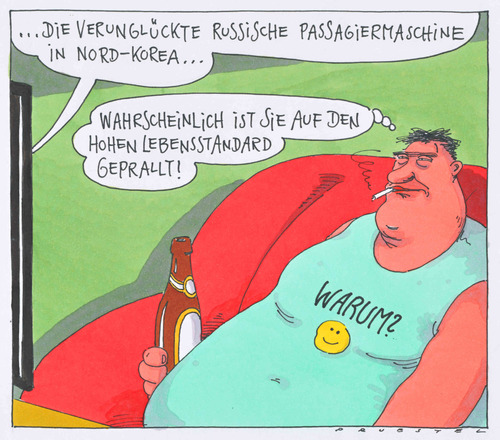 Cartoon: wahrscheinlich (medium) by Andreas Prüstel tagged lebenstandard,nordkorea,flugzeugabsturz,tv,nachrichten,nordkorea,lebenstandard,nachrichten,tv