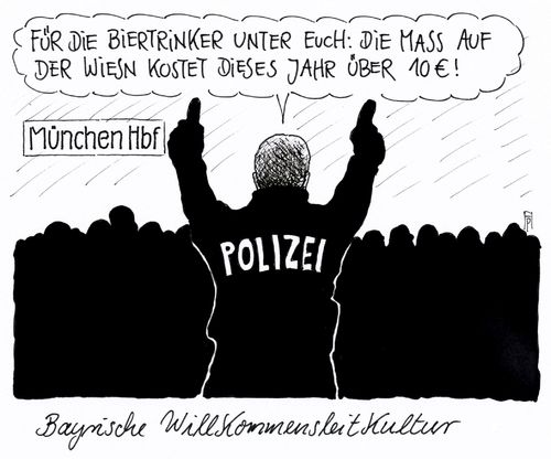 Cartoon: willkommensleitkultur (medium) by Andreas Prüstel tagged flüchtlinge,flüchtlingszustrom,münchen,bayern,wiesn,oktoberfest,bier,maß,bierpreis,leitkultur,willkommenskultur,cartoon,karikatur,andreas,pruestel,flüchtlinge,flüchtlingszustrom,münchen,bayern,wiesn,oktoberfest,bier,maß,bierpreis,leitkultur,willkommenskultur,cartoon,karikatur,andreas,pruestel