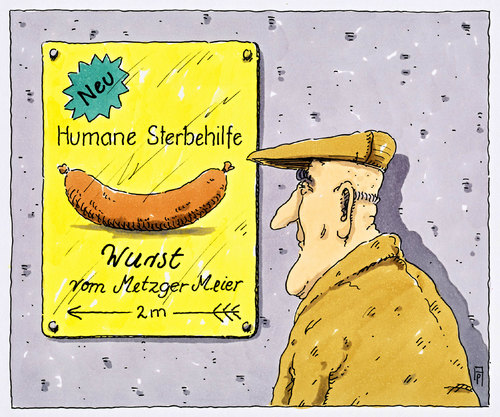 Cartoon: wursttod (medium) by Andreas Prüstel tagged sterbehilfe,wurst,fleischwaren,krebs,tod,metzger,fleischerei,cartoon,karikatur,andreas,pruestel,sterbehilfe,wurst,fleischwaren,krebs,tod,metzger,fleischerei,cartoon,karikatur,andreas,pruestel