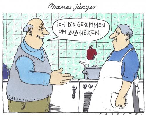 Cartoon: yes er kann (medium) by Andreas Prüstel tagged obama,politikstil,küche,ehe,cartoon,cartoons,barack obama,jünger,küche,ehe,ehepaar,mann,frau,haushalt,beziehung,partnerschaft,männer,frauen,kommunikation,streit,geschlechter,geschlecht,hören,zuhören,sensibilität,barack,obama