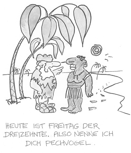 Cartoon: Pechvogel (medium) by Peter Gatsby tagged pechvogel,pechvogel,insel,einwohner,wohnen,robinson crusoe,freitagpechvogel,robinson,crusoe