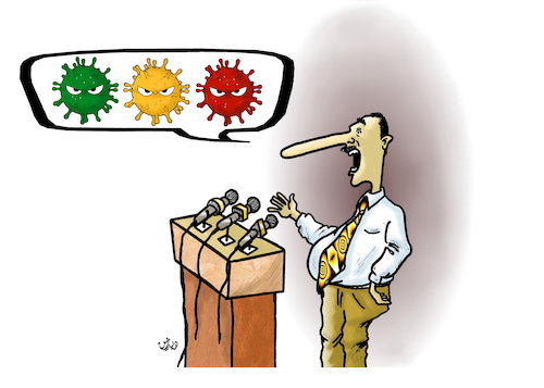 Cartoon: corona virus and liar official (medium) by handren khoshnaw tagged handren,khoshnaw,cartoon,coronavirus,covid19,liar,official,in,charge,traffic,light