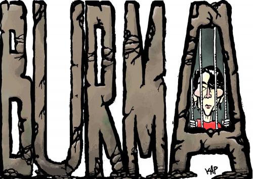 Cartoon: Burma. Union of Myanmar. Eng. (medium) by kap tagged suu,kyi,burma,birmania,myanmar,democracy,dictatorship,prision,freedom