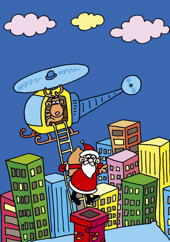 Cartoon: Weihnachten (medium) by astaltoons tagged weihnachten,weihnachtsmann,hubschrauber,rentier,grossstadt,leiter,hochhaus,schornstein