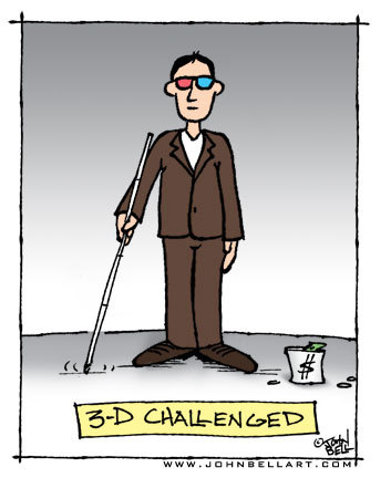 Cartoon: 3-D Challenged (medium) by JohnBellArt tagged 3d,blind,challenged,beggar,red,blue,glasses