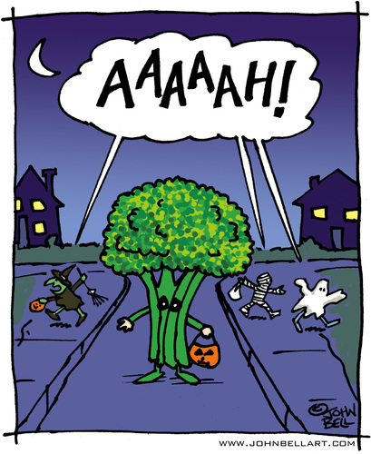 Cartoon: Fear the Broccoli! (medium) by JohnBellArt tagged halloween,costume,children,child,fright,scare,scream,run,dark,night,moon,broccoli,vegetable,ghost,witch,mummy,monster,pumpkin,trick,or,treat