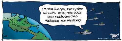 Cartoon: UFOs leaving Earth (medium) by JohnBellArt tagged ufo,aliens,earth,visit,spaceship,leave,weird,flying,saucer