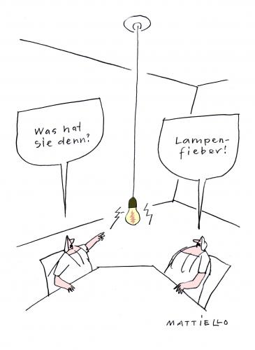 Cartoon: Lampenfieber (medium) by Mattiello tagged lampe,glühbirne,defekt,lampe,glühbirne,defekt,licht,wohnung,lampenfieber,theater,auftritt,vorführung,fieber,krankheit,krank,gesundheit,strom,technik,strompreise,grippe,erkältung