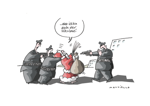 Cartoon: Razzia (medium) by Mattiello tagged razzia,nikolaus,terror,is,bomben,bluttat,terrorhintergrund,sicherheitsmassnahmen,überwachung,extremisten,attentat,polizei,razzia,nikolaus,terror,is,bomben,bluttat,terrorhintergrund,sicherheitsmassnahmen,überwachung,extremisten,attentat,polizei