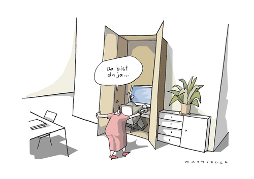 Cartoon: Schrank (medium) by Mattiello tagged mann,frau,computer,rechner,computer,rechner,technik,fortschritt,entwicklung,internet,liebe,partnerschaft,medien