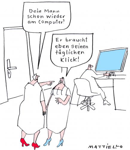 Cartoon: Täglicher Klick (medium) by Mattiello tagged familie,paar,mann,frau,computer,beziehung,internet,computer,pc,rechner,technik,fortschritt,entwicklung,droge,sucht,spielsucht,computersucht,abhängigkeit,freizeit,unterhaltung,internet,internetsucht,suchtverhalten,dosis,abhängiger,süchtiger,beziehung,partnerschaft,männer,spieltrieb,beschäftigung,clicks,klick,klicks,click,maus,tastatur,surfen,www,online,offline,virtualität,kommunikation,informationsgesellschaft,realität,medien,medium,massenmedium,familie,aufmerksamkeit