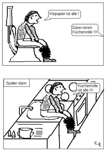 Cartoon: Konsequent (medium) by Edzard von Keitz tagged toilettenpapier,ist,alle,küchenrolle,mann,frau,küche,toilette,bad