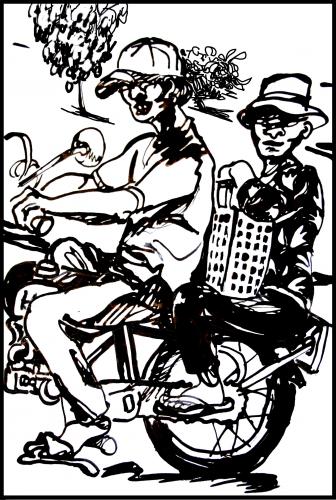 Cartoon: Vietnamise Xe Om mototaxi (medium) by yalisanda tagged xe,om,asia,vietnam,mototaxi,woman,old,man,taxidriver,black,ink,drawing