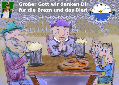 Cartoon: bayerisches Tischgebet (medium) by ab tagged bayern,religion,sonntag,pfarrer,familie,gebet,bier,breze