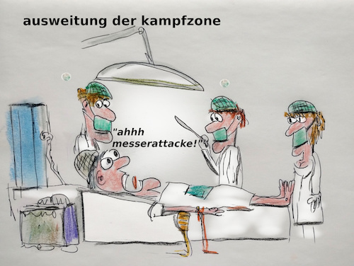 Cartoon: blutvergießen (medium) by ab tagged messer,angriff,blut,arzt,op,angst,patient,bürger