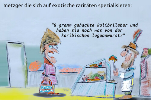 Cartoon: erlesene leckereien (medium) by ab tagged essen,metzger,fleisch,tier,exotisch,ausrottung