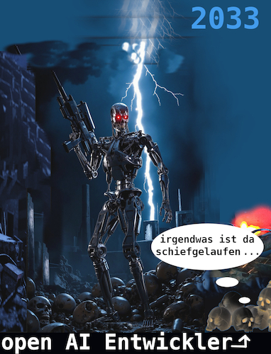 Cartoon: fucking future (medium) by ab tagged ki,ai,technologie,computer,mensch,maschine,tod,vernichtung,dummheit,zukunft,roboter,android,silicon,valley,musk