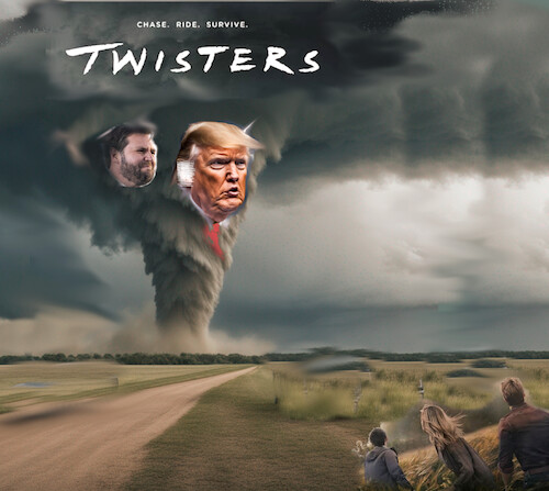 Cartoon: its coming (medium) by ab tagged us,storm,tornado,movie,trump,vance,election,destruction,chaos