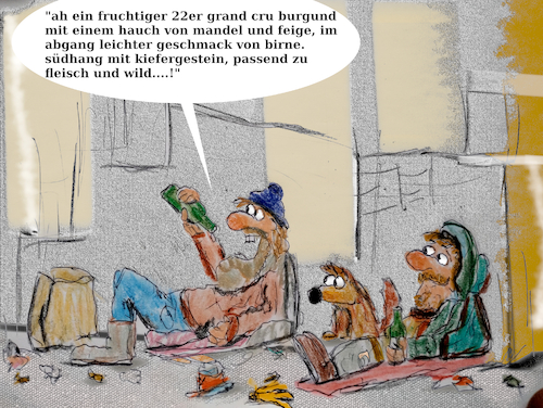 Cartoon: kenner (medium) by ab tagged herbst,wein,geschmack,genuss,frankreich,weinanbau,penner,strasse,flasche