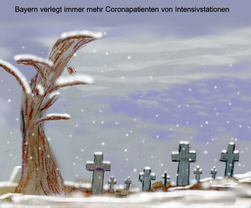 Cartoon: ortswechsel (medium) by ab tagged corona,bayern,patient,intensiv,krankenhaus,friedhof