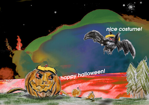 Cartoon: party (medium) by ab tagged halloween,pumpkin,bat,hair,night