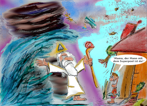 Cartoon: sommer der apokalypse (medium) by ab tagged sommer,hitze,pool,gott,ende,untergang,kind,erfrischung,wasser,sturm