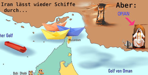 Cartoon: wie sicher? (medium) by ab tagged usa,israel,iran,arabien,golf,strasse,hormus,scheich,wüste,schifffahrt,tanker,papier,öl,wert,blockade