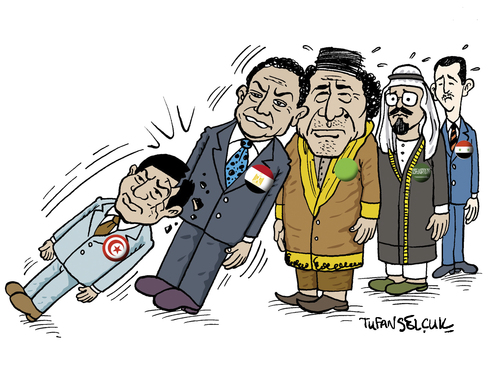 Cartoon: Domino effect (medium) by Tufan Selcuk tagged arabic,libya,syria,jordan,yemen,egypt,tunis