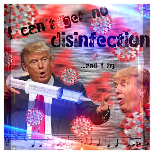 Cartoon: Disinfection (medium) by Night Owl tagged corona,disinfection,desinfektion,pressekonferenz,donald,trump,us,president,medizin,wunderwaffe,behandlungsidee,therapie,spritze,injizieren,covid,19,disinfectant,injecting,cleaning,lungs,rolling,stones,satisfaction