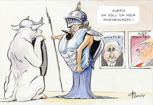 Cartoon: Anprobe (medium) by Paolo Calleri tagged usa,eu,russland,nato,buendnis,ukraine,ueberfall,angriff,krieg,putin,trump,praaesidentschaft,wahlen,aufruestung,militaer,europa,bewaffnung,verteidigung,abschreckung,politik,karikatur,cartoon,paolo,calleri,usa,eu,russland,nato,buendnis,ukraine,ueberfall,angriff,krieg,putin,trump,praaesidentschaft,wahlen,aufruestung,militaer,europa,bewaffnung,verteidigung,abschreckung,politik,karikatur,cartoon,paolo,calleri