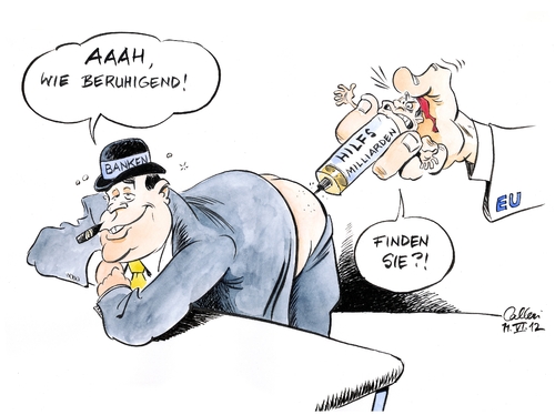 Cartoon: Beruhigungsspritze (medium) by Paolo Calleri tagged spanien,eu,euro,hilfsmilliarden,milliardenhilfen,milliardenkredite,banken,bankenkrise,schuldenkrise,eurozone,märkte,aktienkurse,steuerzahler,börsen,spanien,eu,euro,hilfsmilliarden,banken,bankenkrise,schuldenkrise