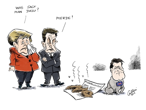 Cartoon: Bulldogshit (medium) by Paolo Calleri tagged schuldenkrise,eurovertrag,eurozone,eu,haushaltsdisziplin,haushalt,vertragsänderung,grossbritannien,frankreich,deutschland,merkozy,sarkozy,nicolas,merkel,angela,cameron,david,gipfeltreffen,gipfel,euro,krisengipfel,brüssel,europa,großbritannien,england,euro,krise,gipfel,vertrag,david cameron,gipfeltreffen,merkozy,deutschland,sarkozy,david,cameron