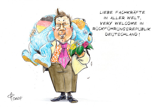 Cartoon: Charmeoffensive (medium) by Paolo Calleri tagged deutschland,spd,lars,klingbeil,asyl,migration,fachkraefte,rueckfuehrungen,flucht,wirtschaft,gesellschaft,willkommenskultur,politik,karikatur,cartoon,paolo,calleri,deutschland,spd,lars,klingbeil,asyl,migration,fachkraefte,rueckfuehrungen,flucht,wirtschaft,gesellschaft,willkommenskultur,politik,karikatur,cartoon,paolo,calleri