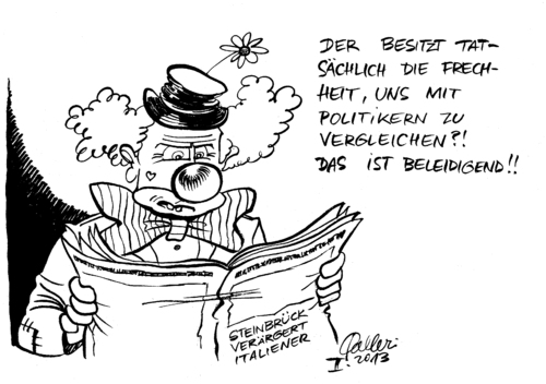Cartoon: Clowns (medium) by Paolo Calleri tagged deutschland,italien,rom,parlamentswahl,patt,kanzlerkandidat,peer,steinbrueck,aeusserung,clowns,beppe,grillo,silvio,berlusconi,frotzelei,spott,italiener,bundestagswahl,komiker,karikatur,paolo,calleri