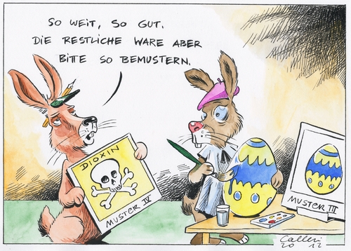 Cartoon: Dioxin-Eier (medium) by Paolo Calleri tagged nordrhein,westfalen,nrw,bioeier,eier,dioxin,fund,sperrung,ostern,ostereier,osterhase,lebensmittel,hühnerhof,pcb,nordrhein westfalen,ostern,bioeier,eier,dioxin,ostereier,osterhase,lebensmittel,hühnerhof,nordrhein,westfalen