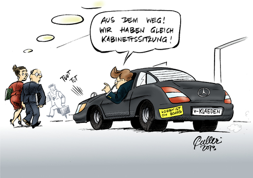 Cartoon: Drive in (medium) by Paolo Calleri tagged bundesregierung,staatsminister,eckart,von,klaeden,kanzleramt,angela,merkel,autoindustrie,daimler,wechsel,legislaturperiode,interessenskonflikt,interessensverquickung,regierungsamt,einflussnahmen,karikatur,paolo,calleri,bundesregierung,staatsminister,eckart,von,klaeden,kanzleramt,angela,merkel,autoindustrie,daimler,wechsel,legislaturperiode,interessenskonflikt,interessensverquickung,regierungsamt,einflussnahmen,karikatur,paolo,calleri