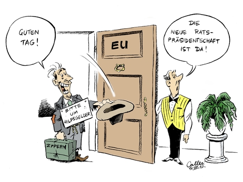 Cartoon: EU-Ratspräsidentschaft (medium) by Paolo Calleri tagged zypern,republik,eu,ratspräsidentschaft,schuldenkrise,euro,eurozone,bankenkrise,inselstaat,finanzhilfen,hilfsgelder,krisenstaaten,rettungsfonds,vorsitz,rat,europäische,union,zypern,republik,eu,ratspräsidentschaft,schuldenkrise,euro,eurozone,bankenkrise,inselstaat,finanzhilfen,hilfsgelder