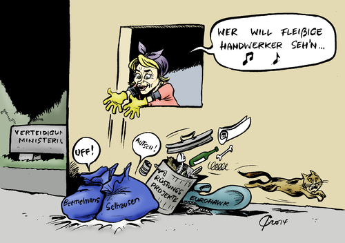 Cartoon: Frühjahrsputz (medium) by Paolo Calleri tagged deutschland,bundesverteidigungsministerium,verteidigungsministerin,ursula,von,der,leyen,staatssekretär,stephane,beemelmans,abteilungsleiter,detlef,selhausen,entlassung,rüstungsprojekte,euro,fighter,hawk,karikatur,cartoon,paolo,calleri,deutschland,bundesverteidigungsministerium,verteidigungsministerin,ursula,von,der,leyen,staatssekretär,stephane,beemelmans,abteilungsleiter,detlef,selhausen,entlassung,rüstungsprojekte,euro,fighter,hawk,karikatur,cartoon,paolo,calleri