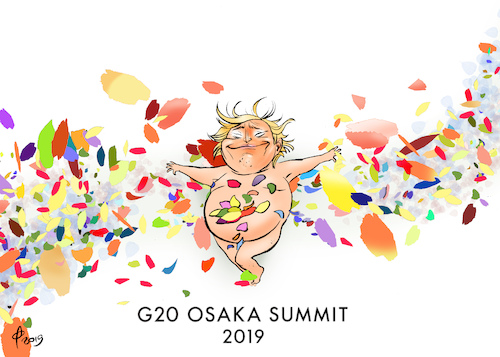 Cartoon: G20 in Osaka (medium) by Paolo Calleri tagged japan,osaka,g20,gipfel,us,usa,praesident,donald,trump,gespraeche,unilateral,multilateral,wirtschaft,weltpolitik,pariser,abkommen,klima,klimawandel,klimastreit,handelsstreit,china,strafzoelle,american,beauty,karikatur,cartoon,paolo,calleri,japan,osaka,g20,gipfel,us,usa,praesident,donald,trump,gespraeche,unilateral,multilateral,wirtschaft,weltpolitik,pariser,abkommen,klima,klimawandel,klimastreit,handelsstreit,china,strafzoelle,american,beauty,karikatur,cartoon,paolo,calleri