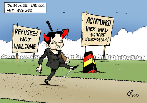 Cartoon: Grenzwertig (medium) by Paolo Calleri tagged deutschland,europa,grenzen,grenzsicherung,waffen,waffengewalt,schusswaffen,polizei,forderung,frauke,petry,afd,alternative,fuer,rechtskonservative,rechtspopulismus,fluechtlinge,asyl,nationalkonservative,partei,parteivorsitzende,chefin,karikatur,cartoon,paolo,calleri,deutschland,europa,grenzen,grenzsicherung,waffen,waffengewalt,schusswaffen,polizei,forderung,frauke,petry,afd,alternative,fuer,rechtskonservative,rechtspopulismus,fluechtlinge,asyl,nationalkonservative,partei,parteivorsitzende,chefin,karikatur,cartoon,paolo,calleri