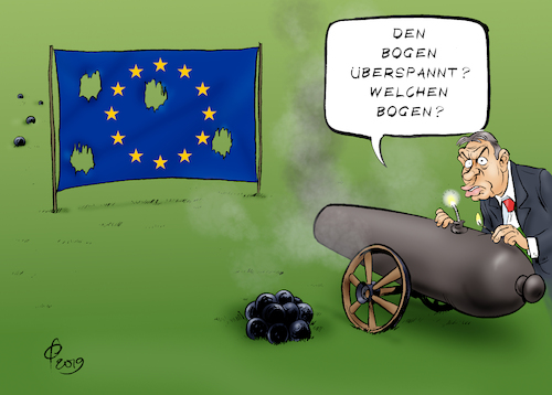 Cartoon: Gulaschkanone (medium) by Paolo Calleri tagged eu,evp,volksparteien,konservative,fidesz,ausschluss,drohung,bedingungen,ungarn,bruessel,ministerpraesident,voktor,orban,antieuropaeisch,kampagnen,plakate,fluechtende,fluechtlingspolitik,abschottung,fremdenfeindlich,demokratie,rechtspopulistisch,nationalistisch,national,europa,karikatur,cartoon,paolo,calleri,eu,evp,volksparteien,konservative,fidesz,ausschluss,drohung,bedingungen,ungarn,bruessel,ministerpraesident,voktor,orban,antieuropaeisch,kampagnen,plakate,fluechtende,fluechtlingspolitik,abschottung,fremdenfeindlich,demokratie,rechtspopulistisch,nationalistisch,national,europa,karikatur,cartoon,paolo,calleri