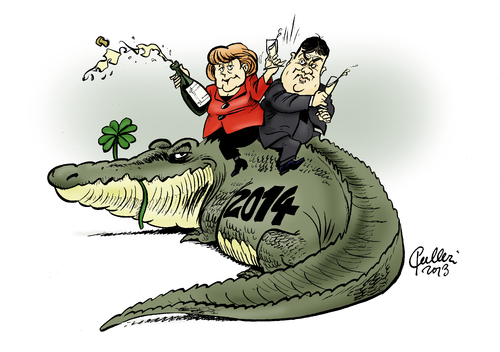 Cartoon: Gutes neues Jahr 2014 (medium) by Paolo Calleri tagged calleri,paolo,cartoon,karikatur,jahr,vorsätze,hoffnung,glück,spd,cdu,groko,koalition,große,gabriel,sigmar,merkel,angela,bundeskanzlerin,politik,politiker,2014,neujahr,silvester,jahreswechsel,jahreswechsel,silvester,neujahr,2014,politiker,politik,bundeskanzlerin,angela,merkel,sigmar,gabriel,große,koalition,groko,cdu,spd,glück,hoffnung,vorsätze,jahr,karikatur,cartoon,paolo,calleri