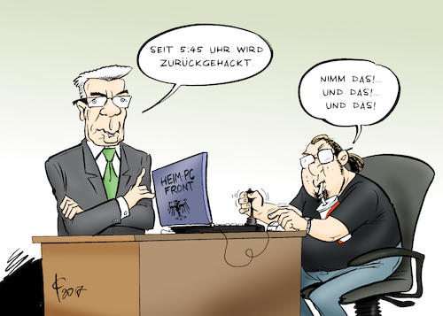 Cartoon: Hack Back (medium) by Paolo Calleri tagged deutschland,bundesregierung,bundesinnenministerium,innenminister,thomas,de,maiziere,cyberangriffe,angriffe,stromnetz,bundestagsnetzwerk,computer,hacker,gegenangriff,karikatur,cartoon,paolo,calleri,deutschland,bundesregierung,bundesinnenministerium,innenminister,thomas,de,maiziere,cyberangriffe,angriffe,stromnetz,bundestagsnetzwerk,computer,hacker,gegenangriff,karikatur,cartoon,paolo,calleri