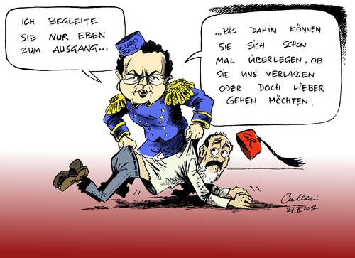 Cartoon: Hinauskomplimentieren (medium) by Paolo Calleri tagged hilfspaket,währungszone,griechenlandrettung,austritt,europa,schuldenkrise,pleite,eurozone,euro,währung,athen,griechenland,friedrich,bundesinnenminister,bundesinnenminister,friedrich,griechenland,athen,währung,euro,eurozone,schuldenkrise,pleite,europa