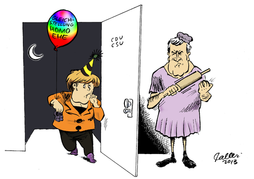 Cartoon: Homo-Ehe (medium) by Paolo Calleri tagged urteil,bundesverfassungsgericht,kinder,lesben,schwule,kehrtwende,wende,reform,lebenspartnerschaft,bayern,christdemokraten,christsozialen,werte,wahlkampf,konservative,adoptionsrecht,gleichstellung,partner,heirat,ehe,homo,homosexualitaet,regierung,csu,cdu,cdu,csu,regierung,homosexualitaet,homo,ehe,heirat,partner,gleichstellung,adoptionsrecht,konservative,wahlkampf,werte,christsozialen,christdemokraten,bayern,lebenspartnerschaft,reform,wende,kehrtwende,schwule,lesben,kinder,bundesverfassungsgericht,urteil,gleichgeschlechtlich,grundsatz,karikatur,paolo,calleri